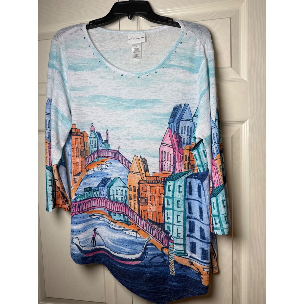 Alfred Dunner Venice Scenic Print Rhinestone Knit‎ Top 3/4 Sleeve Blue Small
